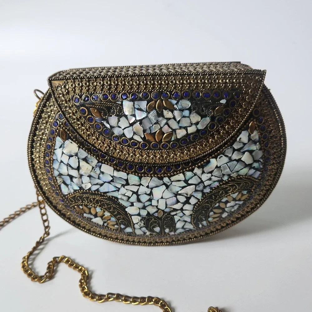 Vintage Handmade Brass Mother of Pearl Mosaic Crossbody Clutch Purse Bohemian
